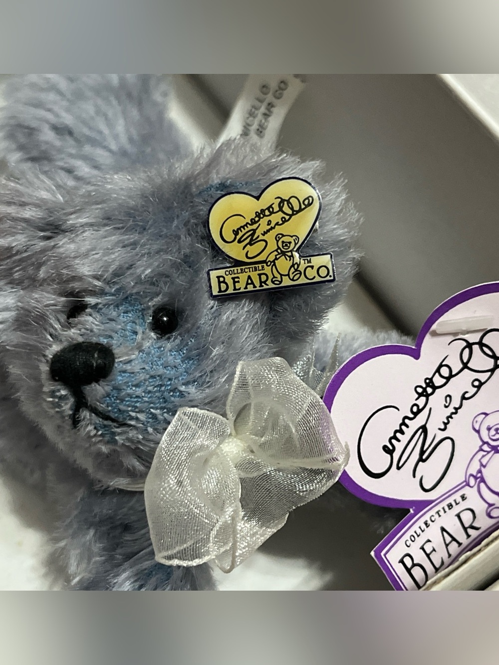 Collectible Bear Plush with Sheer Bow - Gray Blue Fur